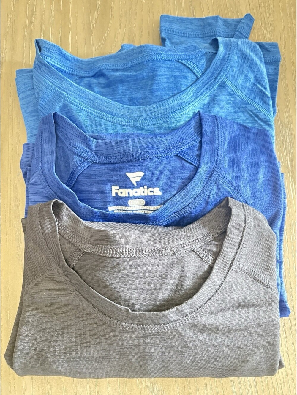 Lot Of 3 Men’s Sz L Dry-blend Shirts. 2 Ts 1 Long Sleeve. Crew Neck 2blue 1 Gray